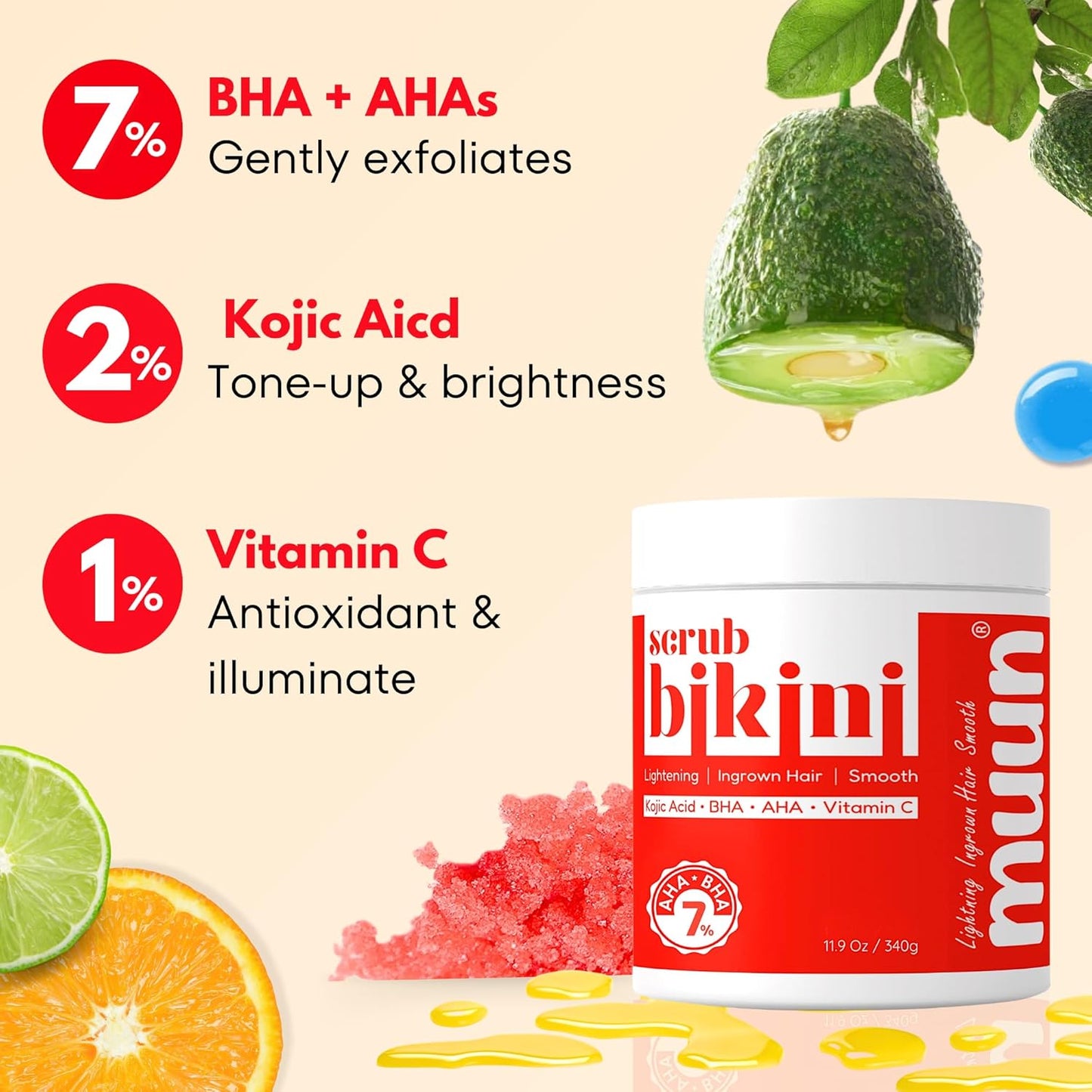 Muun Bikini Area Exfoliator - 2% Kojic Acid Vitamin C & 7% AHA/BHA